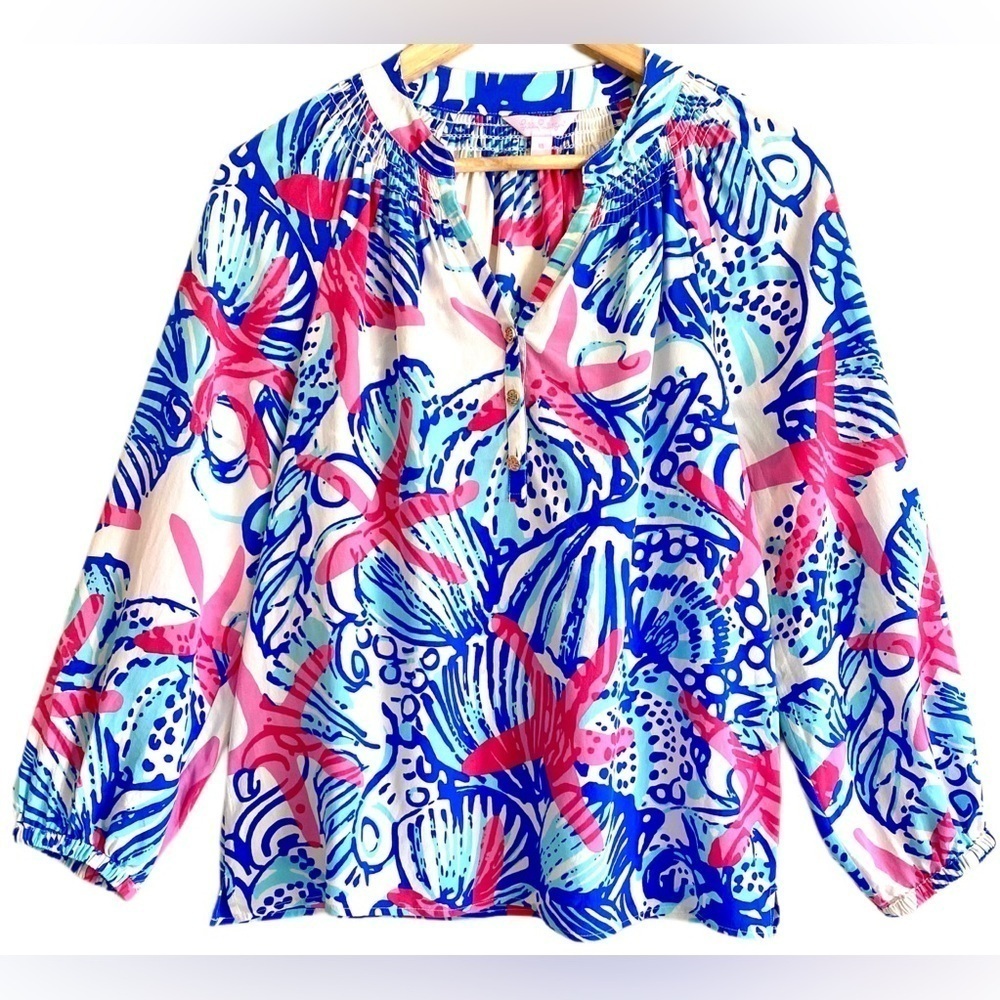 LILLY PULITZER 100% Silk Preppy Vibrant Colorful Lightweight Seashell Blouse XS